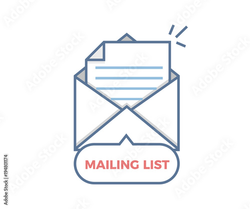 Mailing List vector icon. Opened envelope with paper coming out