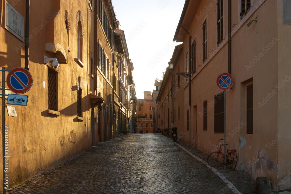 View of old town italian narrow street in Trastevere Rome Italy.