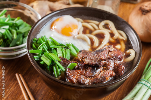 Japanese Udon noodles with beef, egg, green onion and soup