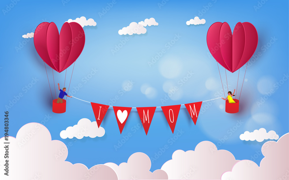 Boy and girl in a hot air balloon on  summer holidays. Love mom concept. Happy mother's Day wallpaper, poster, card. Vector illustration