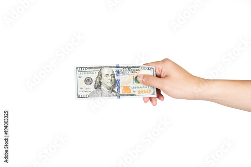Hand holding money isolated on white background with clipping path.