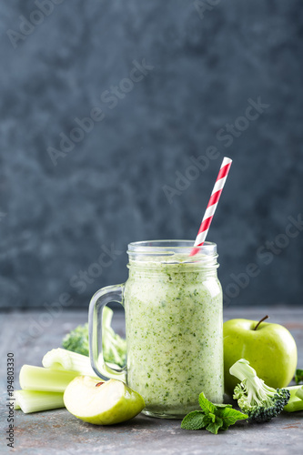 green smoothie with celery, broccoli, apple. healthy diet eating, superfood