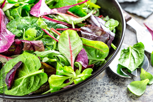 Fresh salad mix of baby spinach, arugula leaves, basil, chard and lambs lettuce. Salad bowl, healthy food