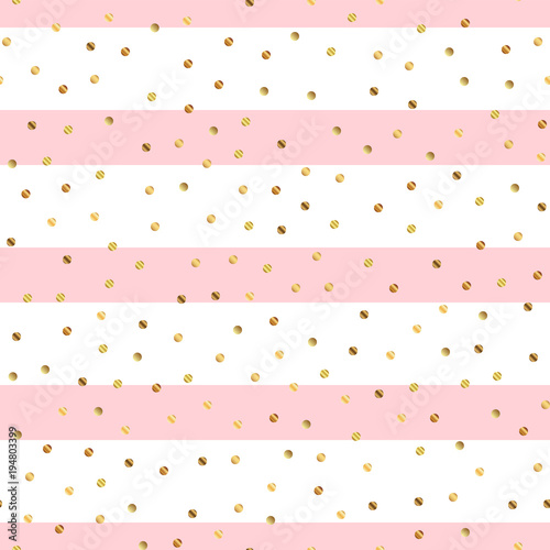 Golden dots seamless pattern on pink striped background. Appealing gradient golden dots endless random scattered confetti on pink striped background. Confetti fall chaotic decor.