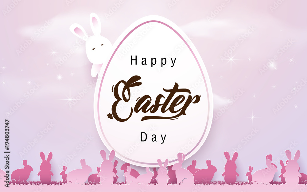 Happy Easter background. Easter egg with rabbits in pink tone color