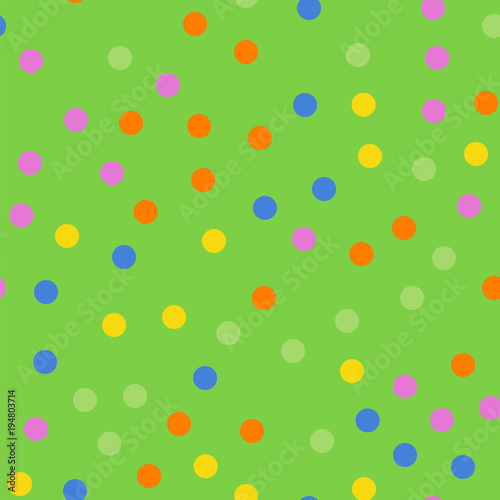 Colorful polka dots seamless pattern on bright 2 background. Exceptional classic colorful polka dots textile pattern. Seamless scattered confetti fall chaotic decor. Abstract vector illustration.
