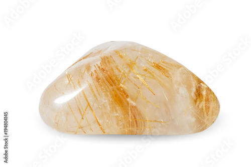 Macro shooting of natural gemstone. Quartz hairy, mineral gemstone. Isolated object on a white background.
