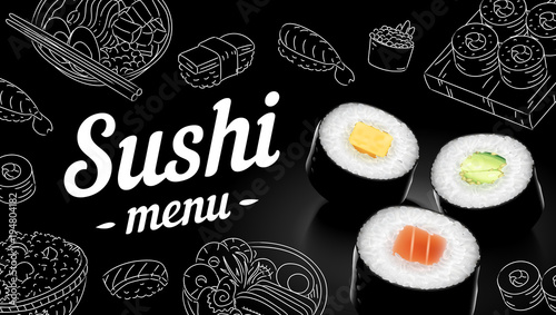 Sushi menu sketch cover. Vector clip art illustration.