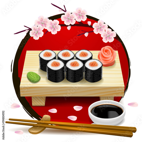 Sushi on wooden tray. Red symbol of Japan and sakura. Chopsticks, wasabi, soy sauce, ginger. Vector clip art illustration.