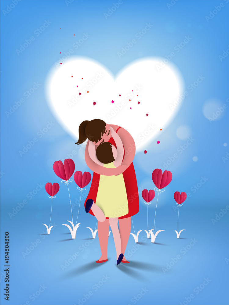 Happy mother's day. Mom and her daughter child are playing, smiling and hugging on heart background. Family holiday and togetherness. Vector illustratoin Happy mother's day. Mom and her daughter child are playing, smiling and hugging on heart background. Family holiday and togetherness. Vector illustratoin