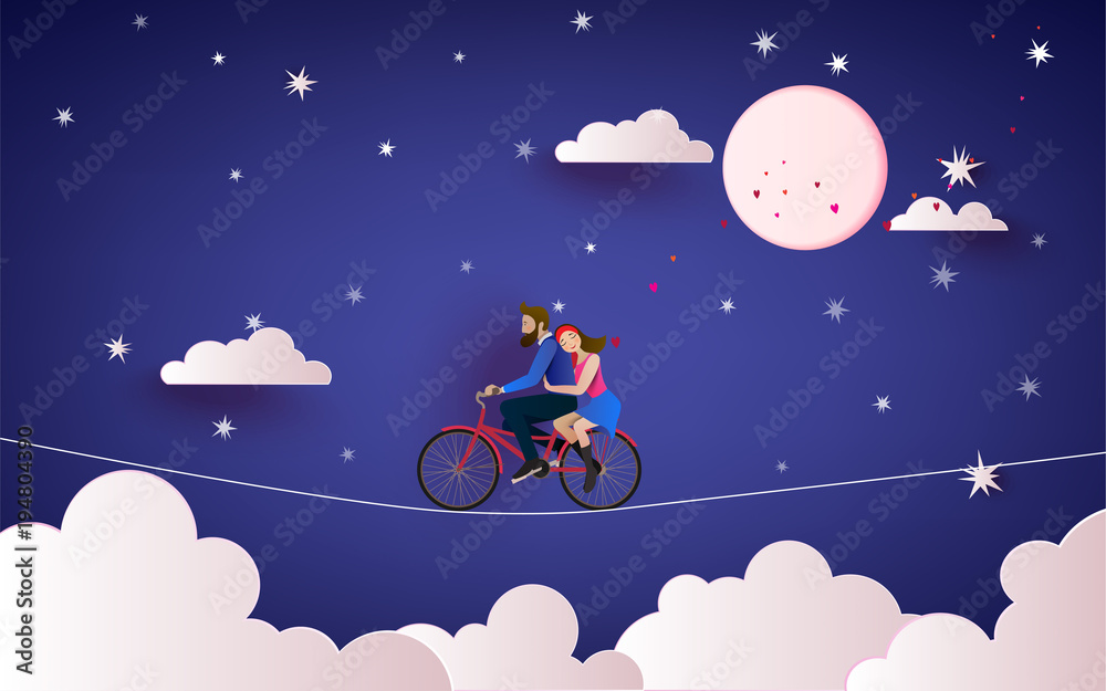 A Couple riding bicycle to the night sky. Love concept. Happy Valentine's  Day wallpaper, poster, card. Vector illustration Stock Vector | Adobe Stock