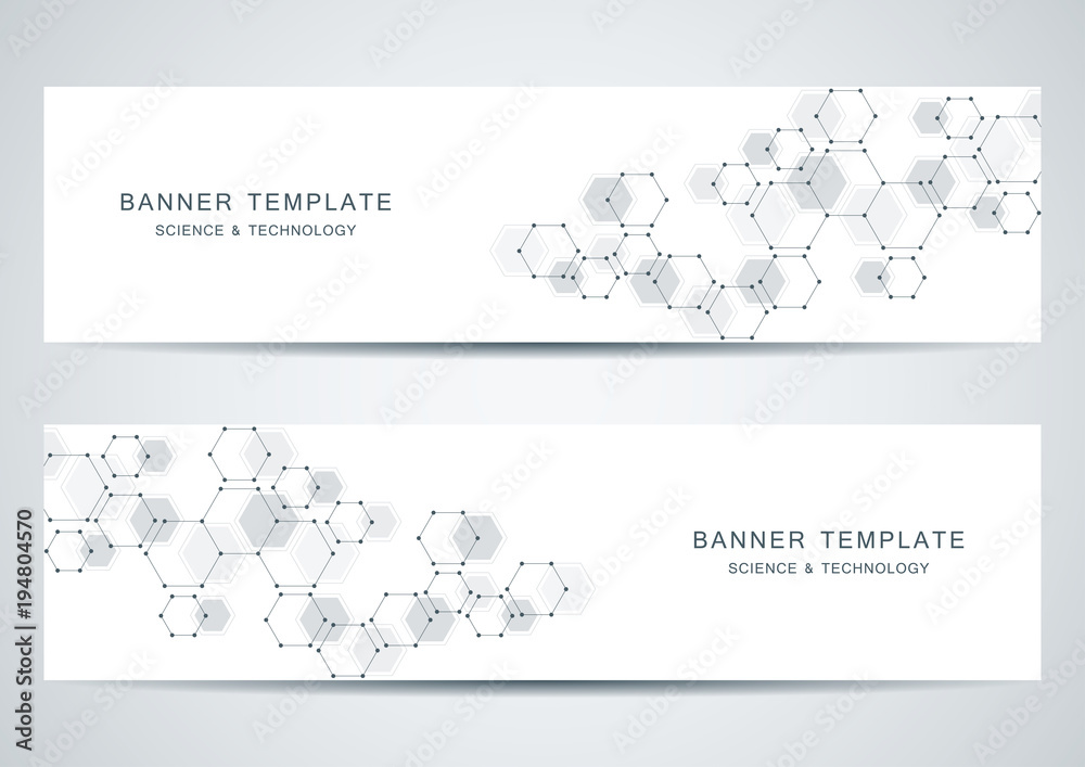 Technological and scientific banners with hexagonal molecule.