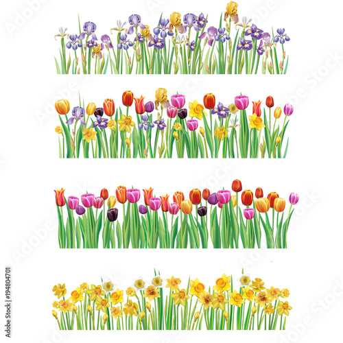 Set of Borders with multicolor spring flowers