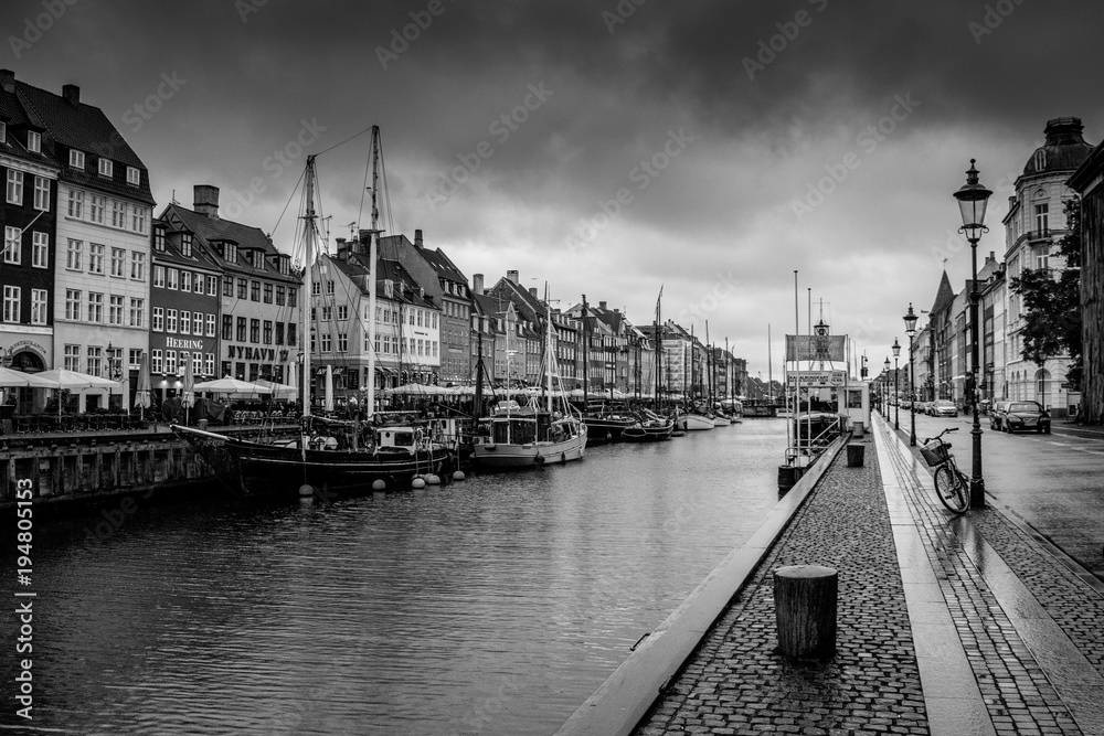 Nyhavn area during a morning rain in Copenhagen
