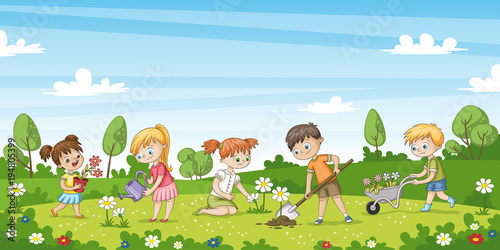Cute children work in the garden. Funny cartoon character.