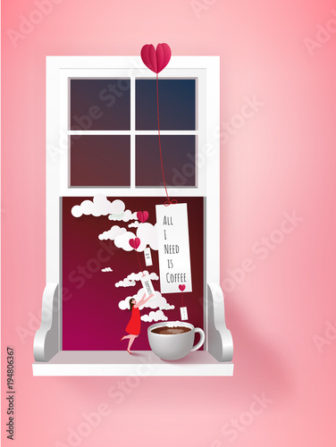 A cup of coffee with tiny woman. addictive coffee. Surrealism vector illustration