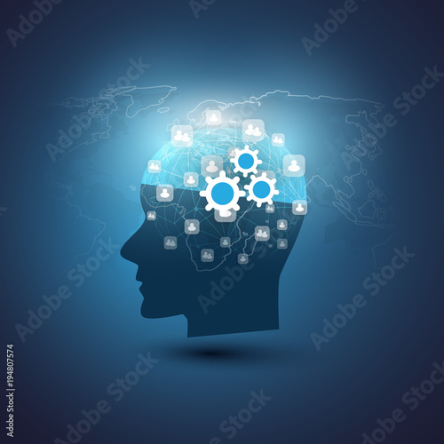 Machine Learning, Artificial Intelligence, Cloud Computing, Global Automated Support Assistance and Networks Design Concept with World Map and Human Head