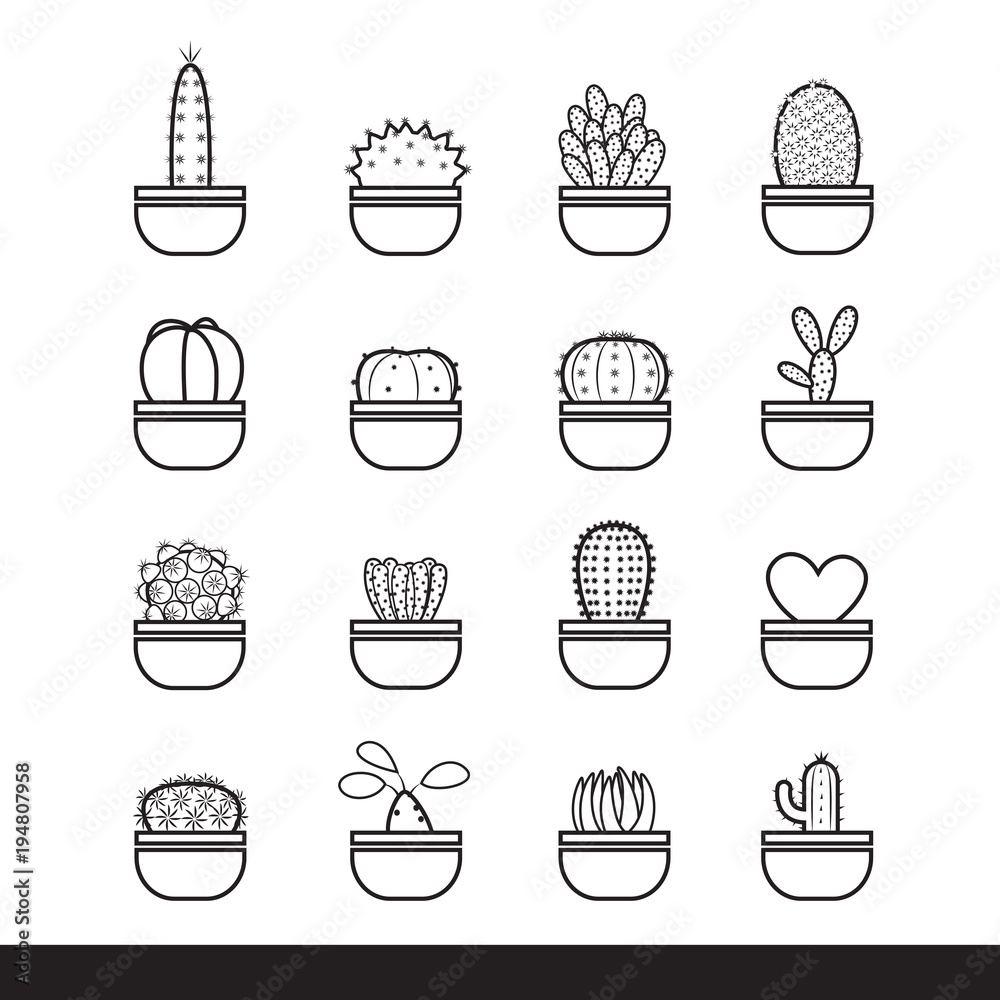 cactus line black icon set