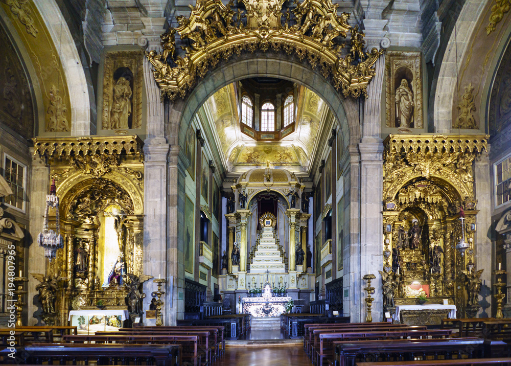 Porto, Portugal. August 12, 2017: Interior of Saint Anthony's Church Congregates built in the eighteenth century and very polychrome, detail of the high altar