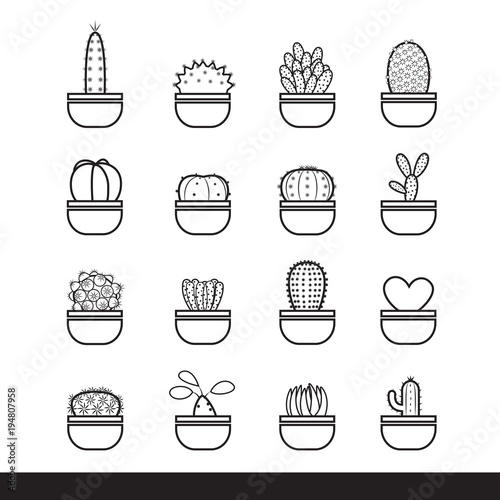 cactus line black icon set