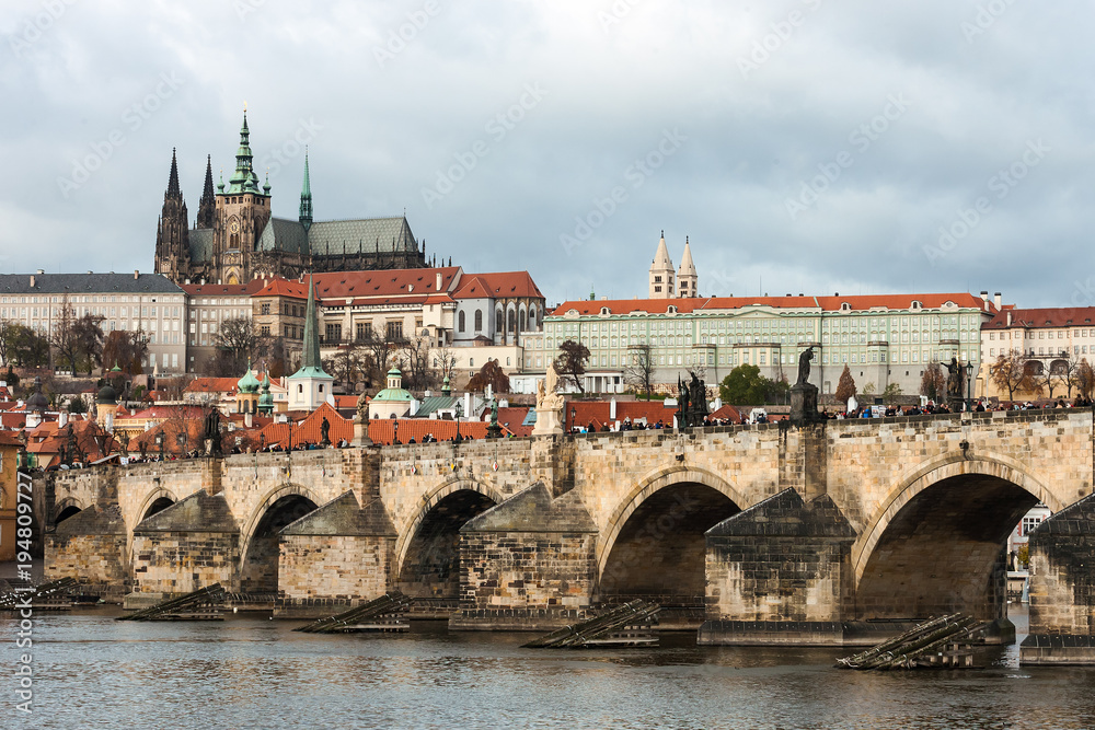 Prague Castle and Charles Bridge at autumn, Czech Republic.