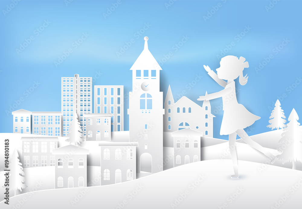 Girl figure ice skating having happiness in winter paper art, paper craft style