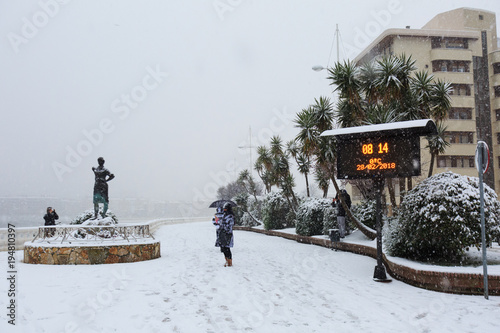 View of Castro Urdiales snowed, historical image taken on February 28, 2018, a snow unpublished for more than 60 years photo
