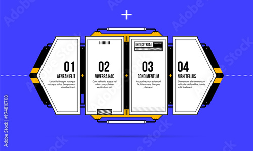 Horizontal four options template in geometric industrial/techno style on deep blue background