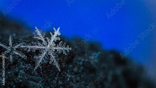 Beautiful detail of a snowflake, a single ice crystal in Paris winter, falls through the Earth's atmosphere as snow. Shining hexagonal crystals shape, used as a symbol of snow or crystal in science