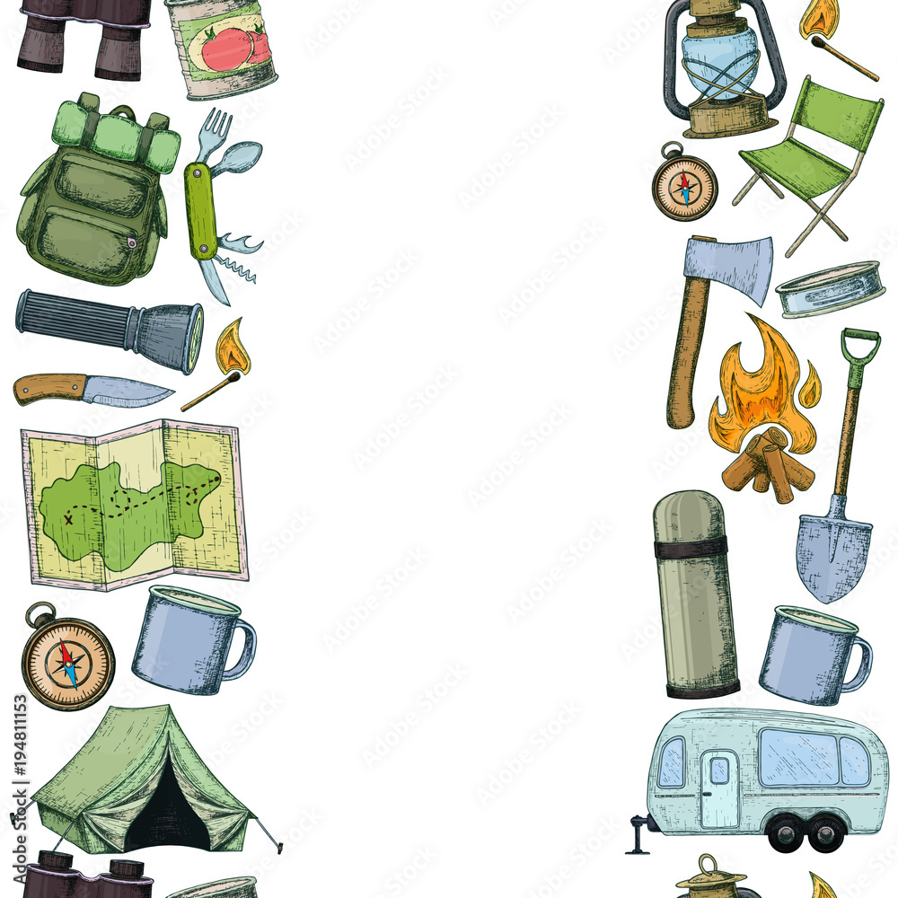 Seamless vertical borders of travel equipment. Accessories for camping and  camps. Colorful sketch cartoon illustration of camping and tourism  equipment. Vector Stock Vector | Adobe Stock