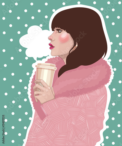 
vector stylish brunette girl in a trendy pink coat holds a hot coffee take-away