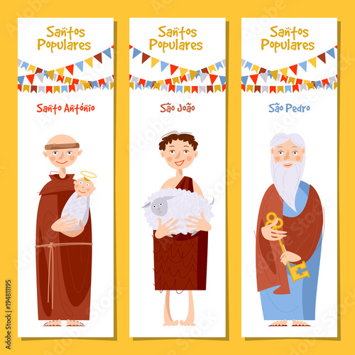 Set of 3 universal greeting cards  and bookmarks with Saint Anthony, Saint John, Saint Peter (Santo Antônio, São João, São Pedro). Template.
