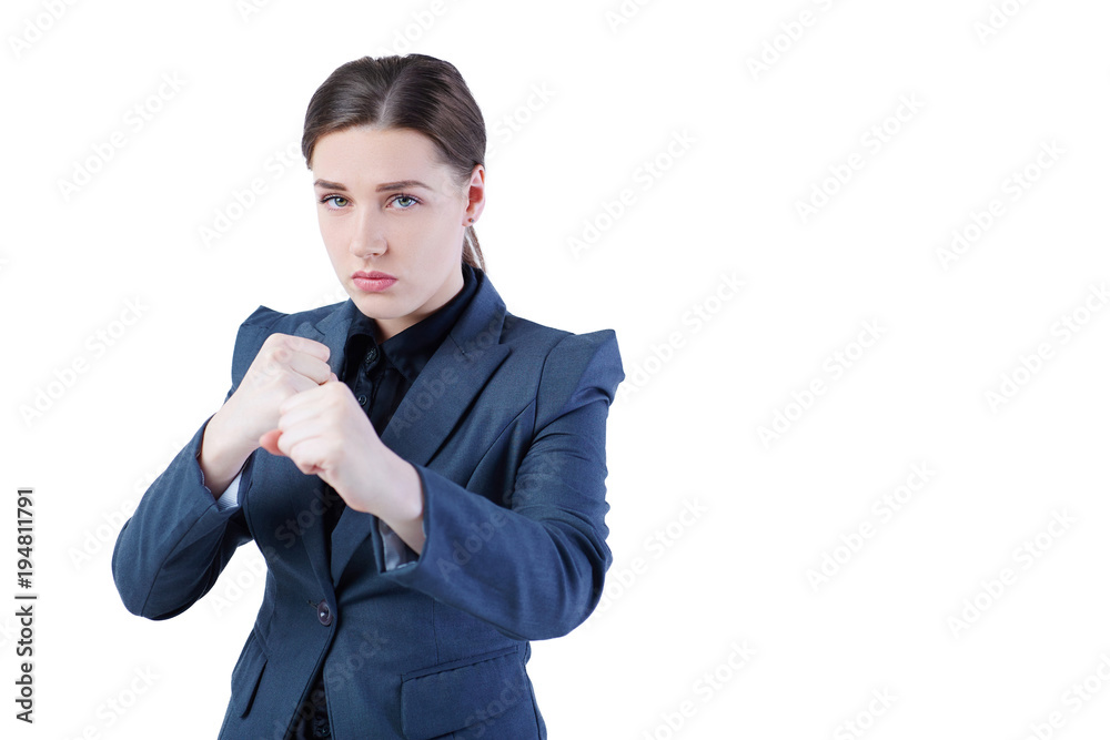 Young caucasian business woman in full length, ready for a fight isolated on white background. Young caucasian business woman in full length, ready for a fight isolated on white background.
