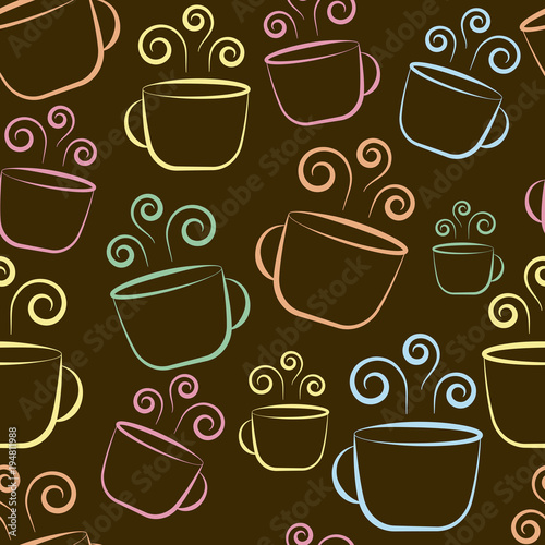Coffee cup colorful seamless pattern on brown background