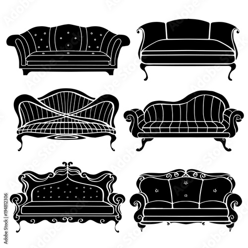 Furniture hand drawn set, vintage sofa, couch