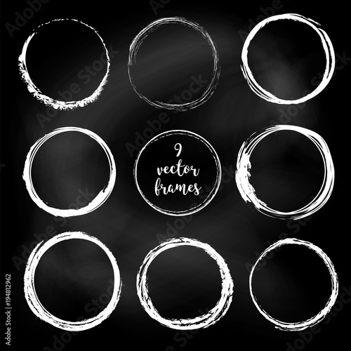 Set of vector abstract round frames. White chalk on a blackboard