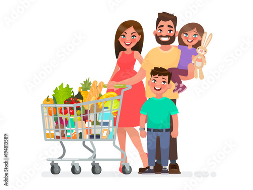 Happy family with a grocery cart full of products is shopping at the supermarket. Vector illustration