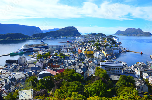 Cityscape of Alesund, Norway on a bright sunny day photo