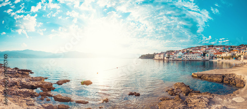 Fototapeta Naklejka Na Ścianę i Meble -  Panoramic scenery of a beautiful beach of a small town Postira - Croatia, island Brac
