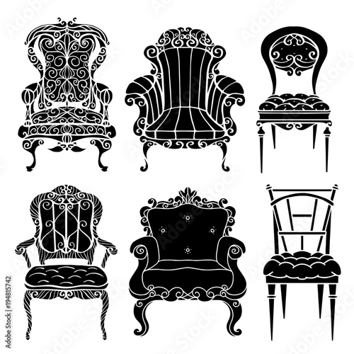 Furniture hand drawn set, vintage chair, armchair, throne