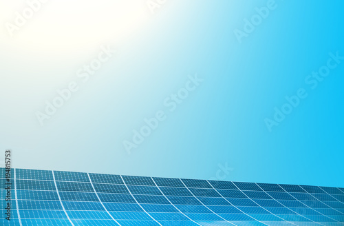Photovoltaic modules of huge solar panels with clear sky and sun on background