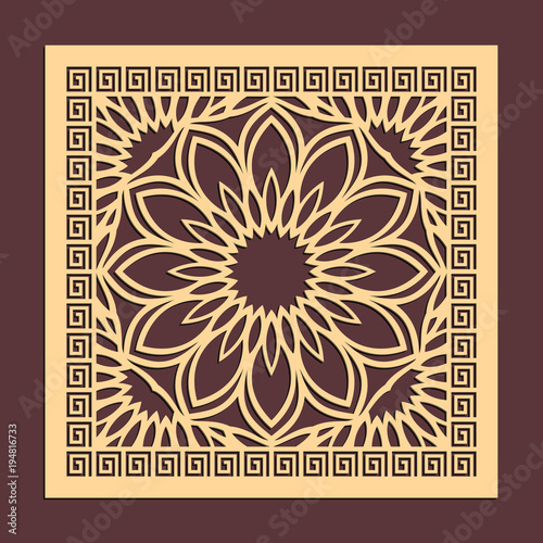 Laser cutting panel. Golden floral pattern. Gift or favor box silhouette ornament. Vector coaster design for metal, wood, paper work.