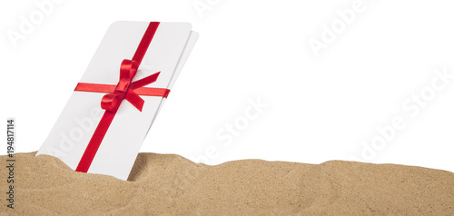 Air tickets as a gift with a red ribbon and bow. Isolated on white background