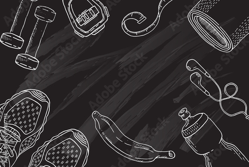 Fototapeta Black background with fitness equipment in doodle style