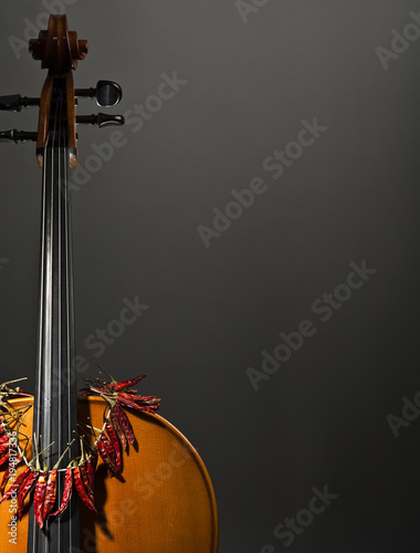 violoncello, cello with hot pepperoni necklace