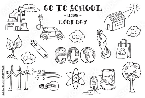 Ecology. Hand sketches on the theme of Ecology.  Vector illustration.
