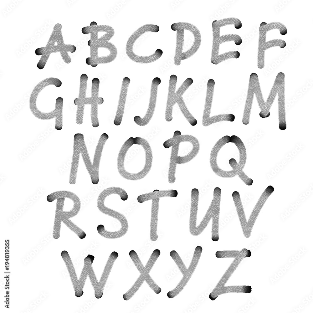 Hand drawn watercolor alphabet, gray grunge font, letters