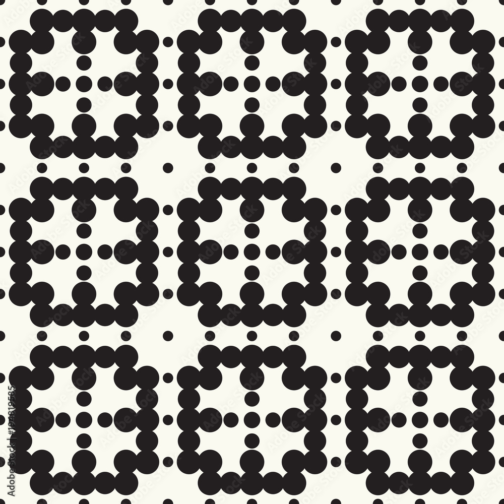 Seamless pattern halftone design. Modern textile print with black dots. Vector fashion background. Grid of circles. Seamless pattern halftone design. Modern textile print with black dots. Vector fashion background. Grid of circles.