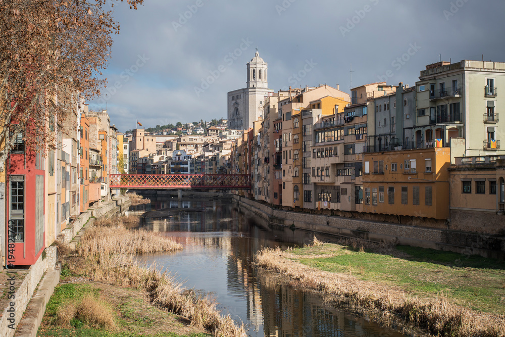 View of Girona with its picturesque river houses and the great Cathedral