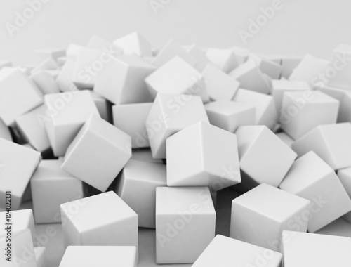 collapsed cubes structure scattered over white floor